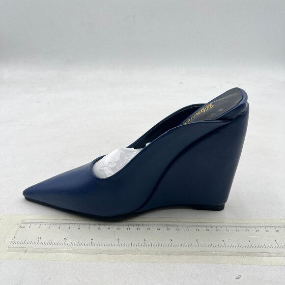Wansseny Navy Chic Pointed Toe Wedge High Heel Mules Slip On Ladies Dressy Shoes - Picture 2 of 9